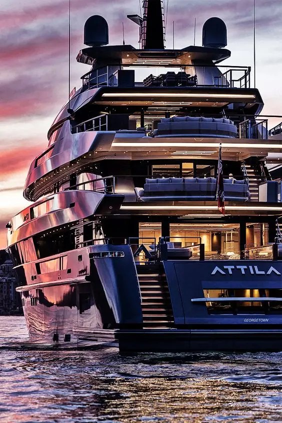 M/Y Attila at anchor at dusk