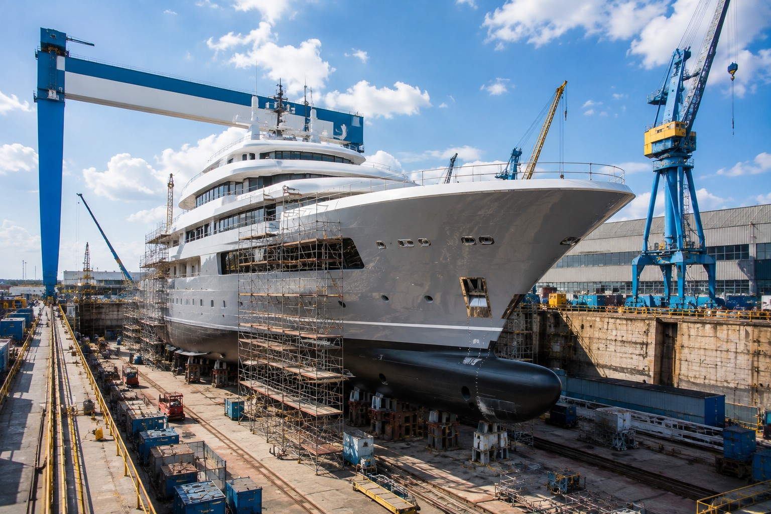 Vessel under construction at a shipyard