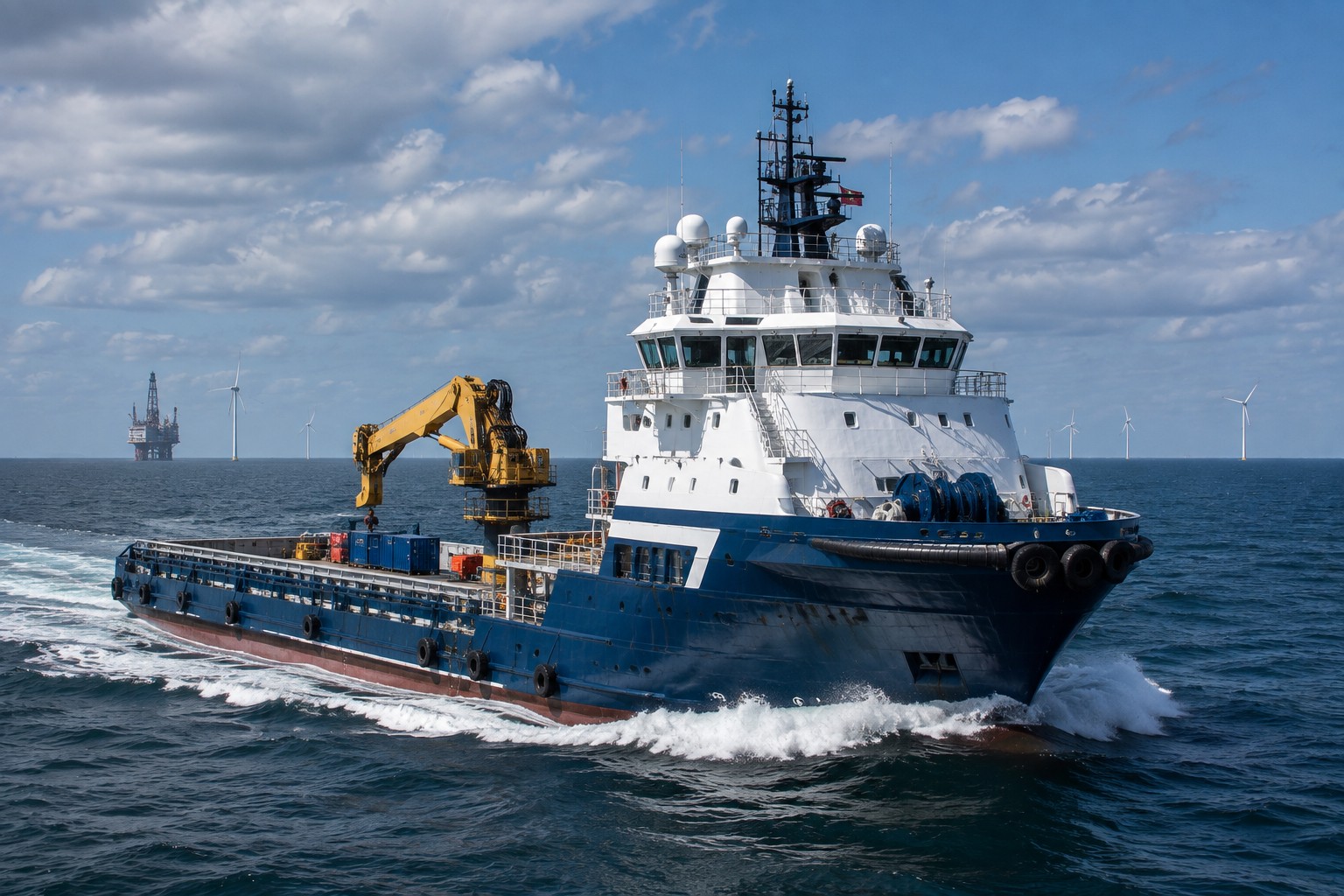 Workboat and support vessel in operation