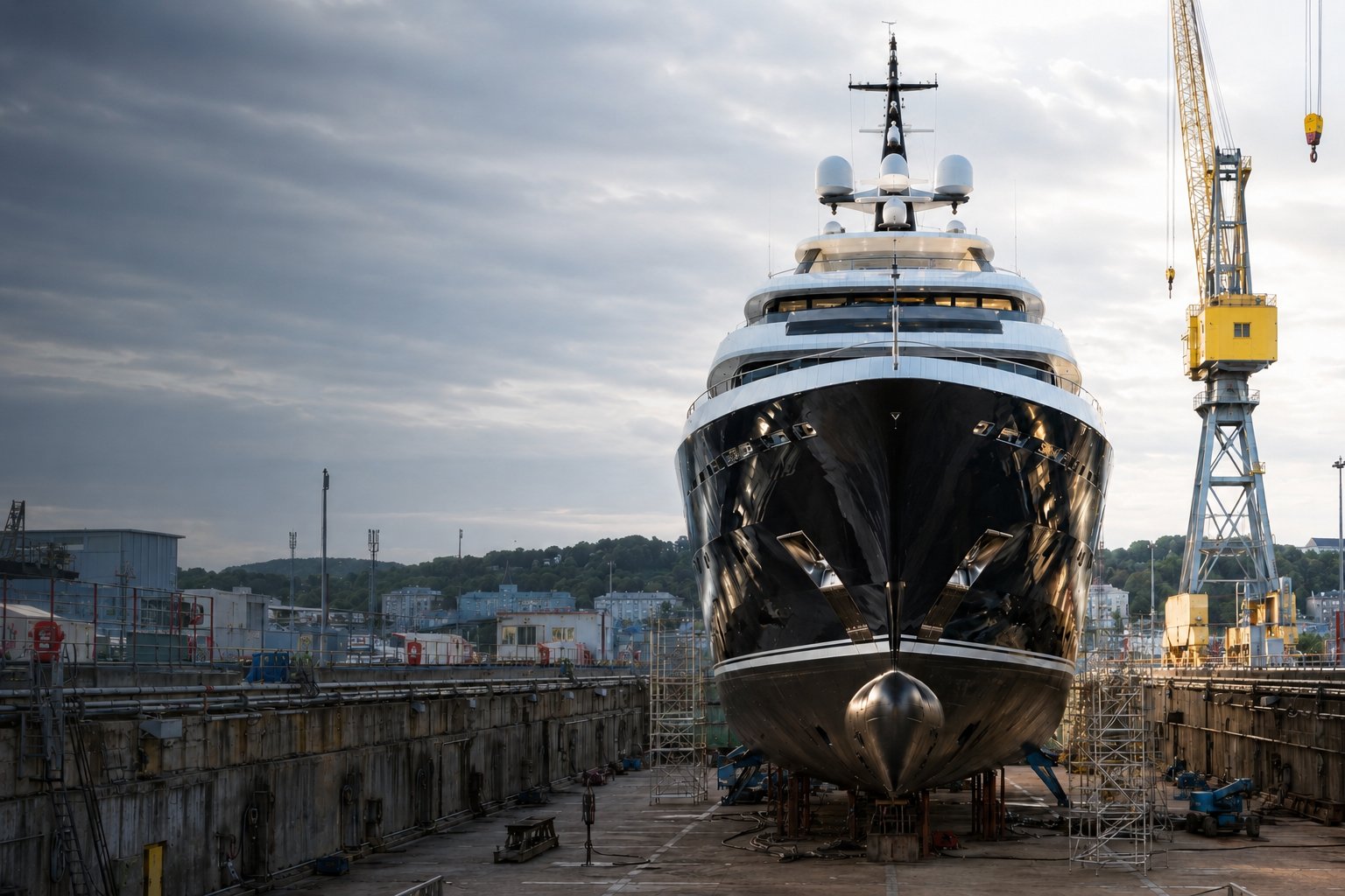 Superyacht in dry dock at a shipyard, daylight