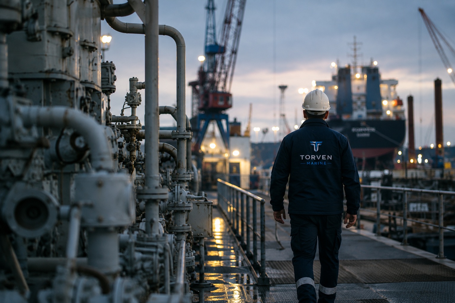 Engineer overseeing a vessel in a shipyard dry-dock